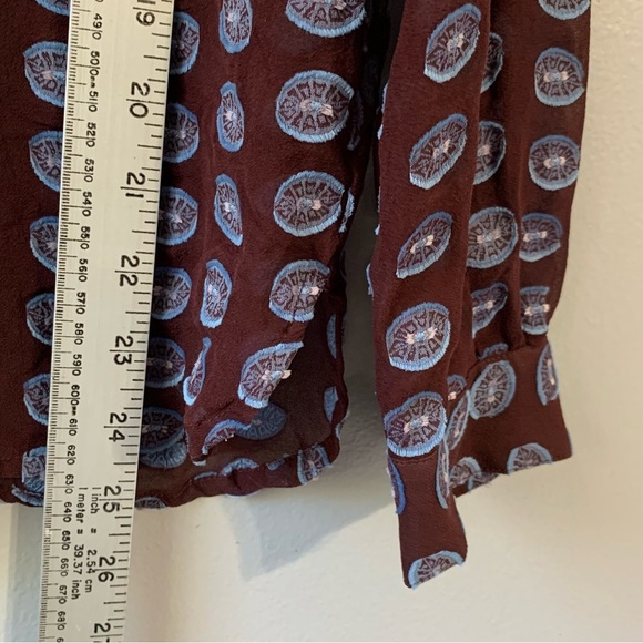 Loft sheer silk split‎ neck burgundy blue dot long sleeve blouse. Size M - Picture 9 of 11